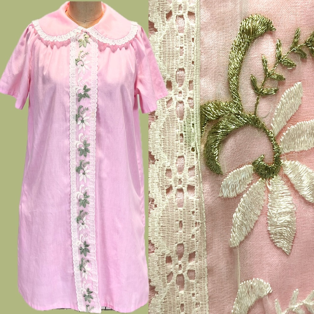 VINTAGE‎ rose pink embroidered floral lace dressing gown robe house dress 60s